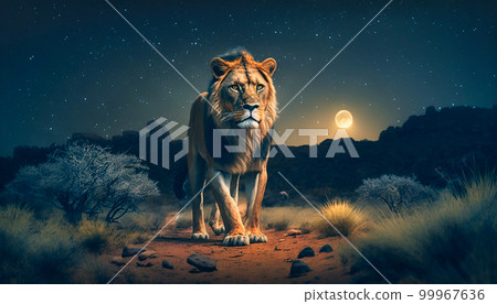 Lion in the jungle at night portrait of wild African animals. generative AI Lion in the jungle at night portrait of wild African animals. generative AI 99967636