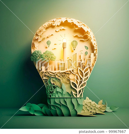 Paper cut of light bulb with green eco city Renew. generative AI 99967667