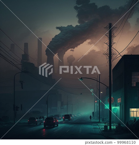 Industrial smoke stacks with heavy smoke causing air pollution. Urban road smog, factory smoke and clouds of industrial carbon dioxide 99968110