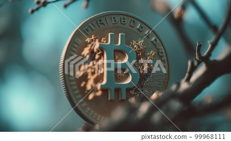 Coin on its branches that says Bitcoin, water splashes 99968111