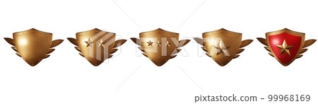 3D bronze shield set, medieval royal award kit, realistic metal render trophy, level up game badge.  99968169