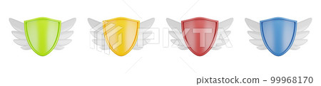 3D plastic shield set, insurance safety badge kit, colorful render cartoon security label front view 99968170