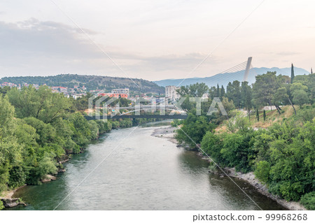 Morning view on Moraca river in capital of Montenegro. 99968268