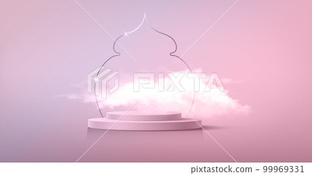 Luxury Islamic Podium with gold traditional islamic window with fluffy cloud. 3D Horizontal Arabic Banner for product showcase, Product presentation, cosmetic, base, ramadan sales, pink background 99969331