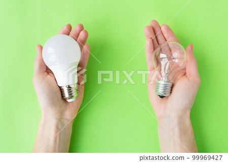 A set of two types of lamps, LED and incandescent, in the hands of a girl isolated on a green background. Energy-saving lamps. 99969427