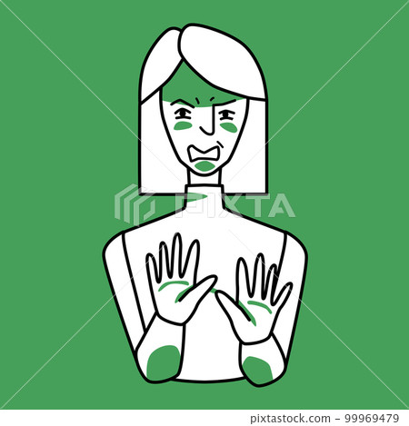 Woman with emotion of disgust, green and white. Woman with emotion of disgust, green and white. 99969479