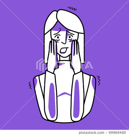 Frightened lady, emotion of fear, purple and white. Frightened lady, emotion of fear, purple and white. 99969480