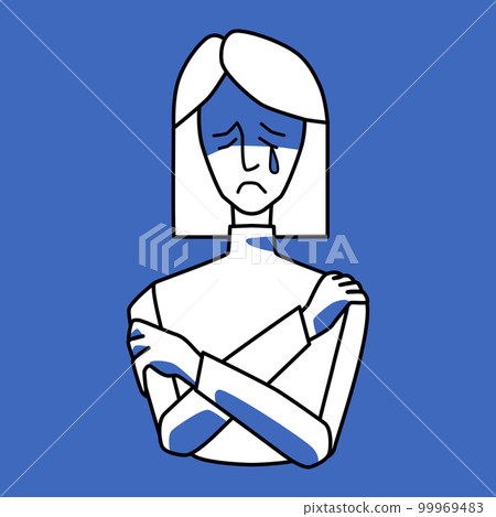 Sad woman, emotion of sorrow, blue and white. 99969483