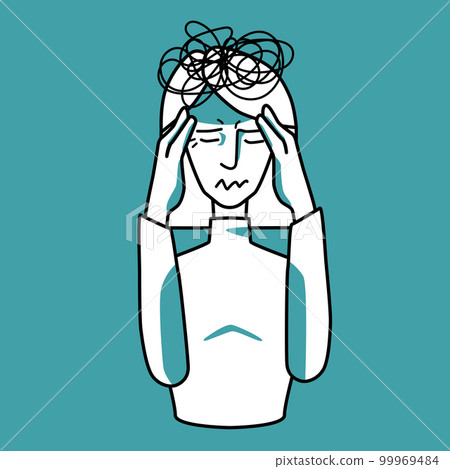 Stressed woman character, emotion of anxiety, mint and white. Stressed woman character, emotion of anxiety, mint and white. 99969484