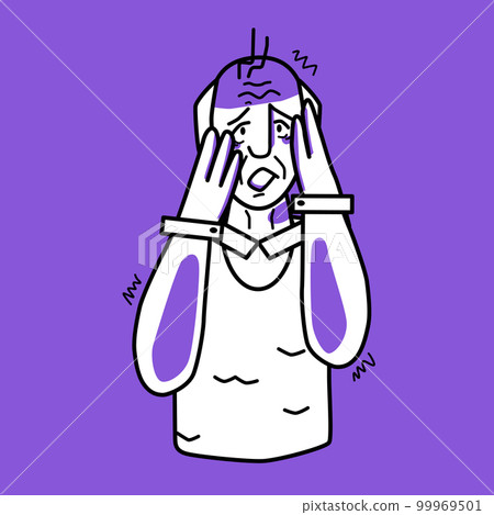 Frightened grandfather, emotion of fear, purple and white. 99969501