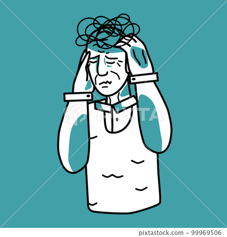 Stressed grandfather, emotion of anxiety, mint and white. Stressed grandfather, emotion of anxiety, mint and white. 99969506