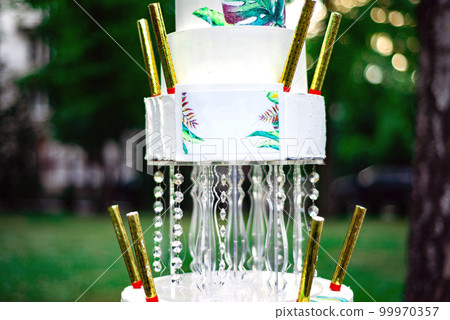 A multi-tiered white cake with drawings in the park in summer A multi-tiered white cake with drawings in the park in summer 99970357