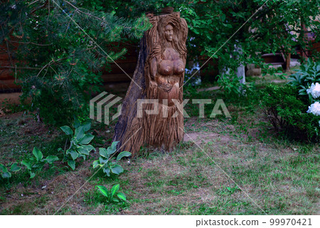 a statue of wood among green bushes on the lawn a statue of wood among green bushes on the lawn 99970421