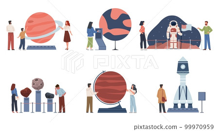 Planetarium people. Curious visitors to astronomy museum, space objects, rocket model, spacesuit and mock-ups of planets, men women and kids education, nowaday vector cartoon flat set 99970959