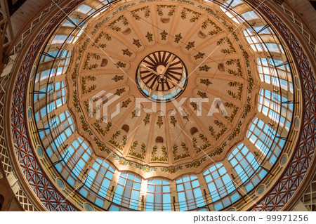 VALENCIA, SPAIN - October 26, 20122: Wide angle shot of the Valencia Mercado Central market dome indoor detail Spain 99971256