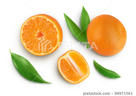 Tangerine or clementine with green leaf isolated on white background with full depth of field. Top view. Flat lay 99971561