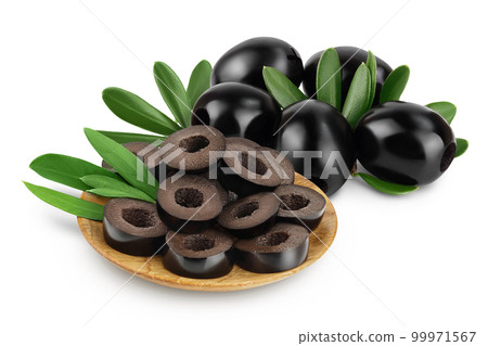 Black olive slices in wooden bowl isolated on a white background with full depth of field. Black olive slices in wooden bowl isolated on a white background with full depth of field. 99971567