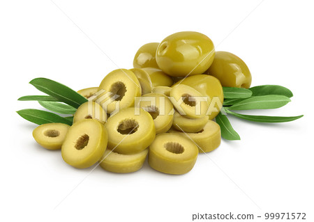 Green olives with leaves isolated on a white background with full depth of field. 99971572