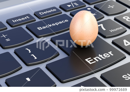 Egg on laptop keyboard, 3D rendering Egg on laptop keyboard, 3D rendering 99971689