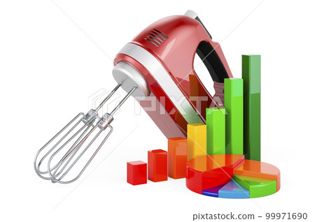 Hand kitchen mixer with growth bar graph and pie chart. 3D rendering Hand kitchen mixer with growth bar graph and pie chart. 3D rendering 99971690