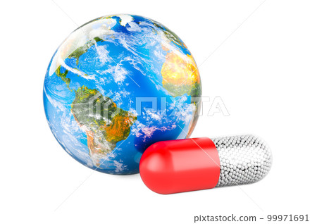Medicament capsule with Earth Globe, 3D rendering Medicament capsule with Earth Globe, 3D rendering 99971691
