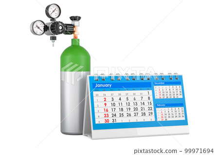 Oxygen tank, gas cylinder with desk calendar, 3D rendering Oxygen tank, gas cylinder with desk calendar, 3D rendering 99971694