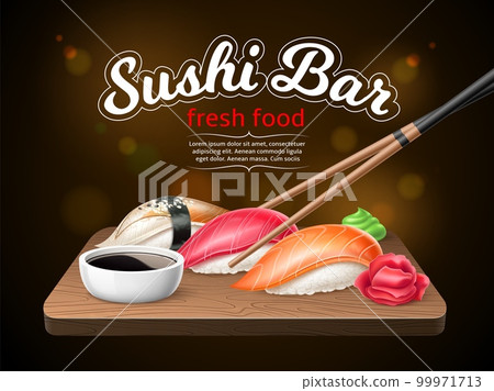 Sushi bar poster. Realistic sushi, japanese traditional food, boiled rice and fresh fish, nori seaweed, salmon and tuna, 3d isolated elements, marketing banner, utter vector concept 99971713