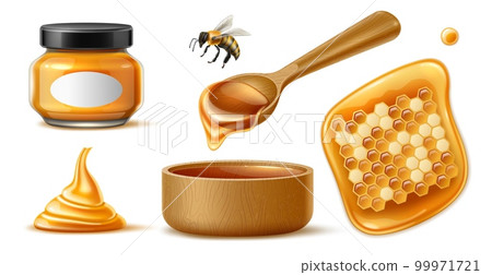 Realistic honey. Sweet healthy product, natural bio food, honeycomb, bee and jar with black label, wooden spoon, translucent floral syrup, 3d isolated objects, natural dessert, utter vector set Realistic honey. Sweet healthy product, natural bio food, honeycomb, bee and jar with black label, wooden spoon, translucent floral syrup, 3d isolated objects, natural dessert, utter vector set 99971721