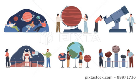 People in planetarium. Visitors at space museum, adults and kids study astronomy, planets layouts, starry sky projection, telescope and astronaut suit, nowaday vector cartoon flat set 99971730