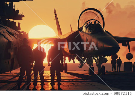 Military pilots near jet fighter at sunset. Military aviation. Created with Generative AI 99972115