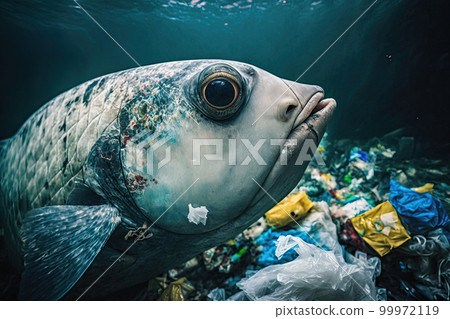 Ocean pollution concept. Fish under water in sea and plastic waste. Problem in environmental system. Created with Generative AI Ocean pollution concept. Fish under water in sea and plastic waste. Problem in environmental system. Created with Generative AI 99972119