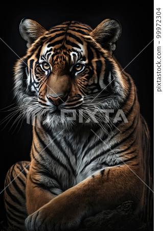 Portrait of the tiger on dark background. Ai generated illustration. 99972304
