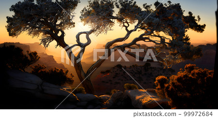Grand Canyon at sunrise, tree at rocky mountains in Arizona, USA, generative AI. Grand Canyon at sunrise, tree at rocky mountains in Arizona, USA, generative AI. 99972684