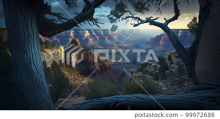 Grand Canyon after sunset, rocky mountains in Arizona, USA, generative AI. 99972686