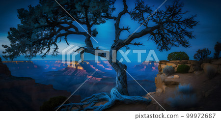 Grand Canyon at night, tree at rocky mountains in Arizona, USA, generative AI. 99972687