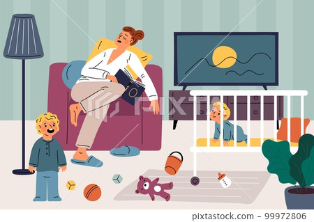 Tired sleeping mother. Overworked mom. Awake children. Crying toddlers. Scattered kids toys. Accumulated fatigue. Exhausted woman napping in armchair. Messy room. Garish vector concept 99972806