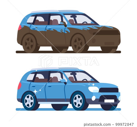 Dirty and clean car after washing. Carwash service. Care of muddy automobile. Shiny vehicle. Unclean transport with dirt splatters. Automotive cleaner station. Vector isolated machines set Dirty and clean car after washing. Carwash service. Care of muddy automobile. Shiny vehicle. Unclean transport with dirt splatters. Automotive cleaner station. Vector isolated machines set 99972847