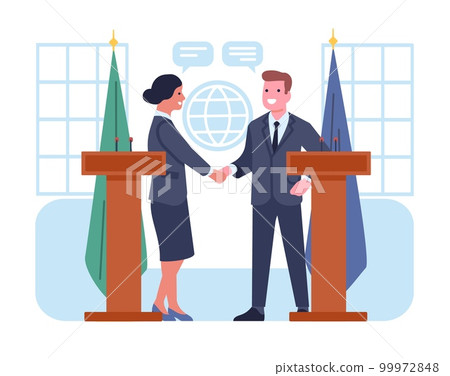 Diplomats meet for international negotiations and agreement signing. Man and woman at tribunes shaking hands. Political deal. World diplomacy. Countries representatives. Vector concept Diplomats meet for international negotiations and agreement signing. Man and woman at tribunes shaking hands. Political deal. World diplomacy. Countries representatives. Vector concept 99972848