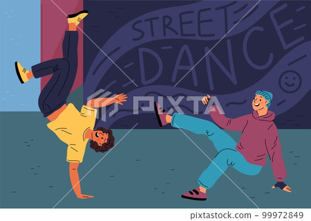 Dancers on street. Young people jumping and move rhythmically to music. Modern style. Hip hop or shuffle choreography. Freestyle dance battle. Outdoor disco show. Garish vector concept 99972849