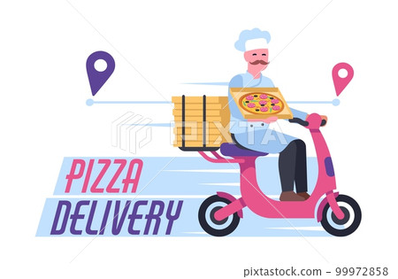 Fast pizza delivery. Chef on scooter brings food to house. Order meal in pizzeria. Delivering service. Courier rides motorbike. Navigation map pins. Snack shipping by moped. Vector concept Fast pizza delivery. Chef on scooter brings food to house. Order meal in pizzeria. Delivering service. Courier rides motorbike. Navigation map pins. Snack shipping by moped. Vector concept 99972858