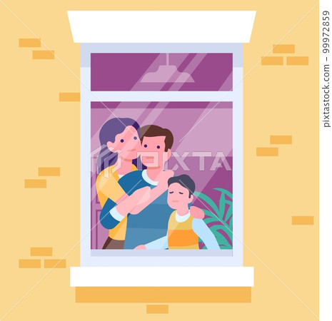 Family in quarantine look out window of house. Hugging parents and kid. Stay home. Building facade. Pandemic safety. Couple and child at windowsill. Isolation in apartment. Vector concept 99972859