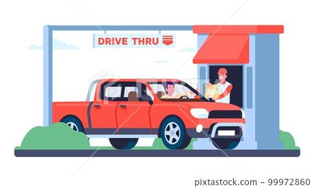 Drive thru fast food restaurant. Employee selling snacks to client in car. Worker serving customer or driver. Takeaway lunch. Automobile retail shop. Auto cafe service. Vector concept Drive thru fast food restaurant. Employee selling snacks to client in car. Worker serving customer or driver. Takeaway lunch. Automobile retail shop. Auto cafe service. Vector concept 99972860