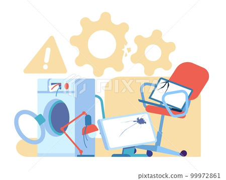 Defective product. Broken electronics in stock. Fractured household electric appliances. Damaged computer chair. Washer machine and lamp failure. Laptop maintenance. Vector concept Defective product. Broken electronics in stock. Fractured household electric appliances. Damaged computer chair. Washer machine and lamp failure. Laptop maintenance. Vector concept 99972861