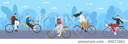 Cyclists in nature. Happy men and women riding bicycles. Healthy active lifestyle. Bushes along road. Friends biking in park. Outdoor summer sport. People walking together. Vector concept 99972862