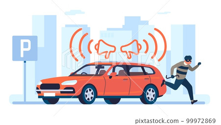 Car thief runs away from sound alarm. Auto protection. Hijacker fast escaping from alert signal. Robber stealing automobile sedan. Transport hijacking. Vehicle theft. Vector concept 99972869