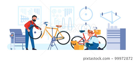 Bicycle repair shop. Bike workshop. Cycle maintenance. Men change wheel tires and chains. Repairman work in garage. Professional service. Serviceman with wrench and toolkit. Vector concept 99972872