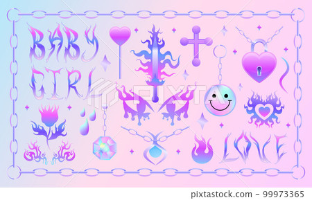 Set of Y2K aesthetic stickers and labels, vector illustrations