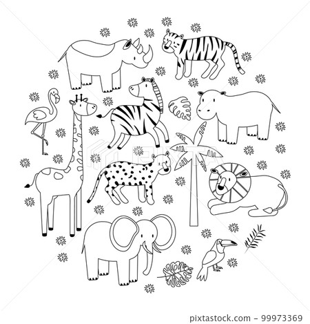 Cartoon animals creatures set African Black and white graphic vector illustration in the line style circle background EPS 99973369