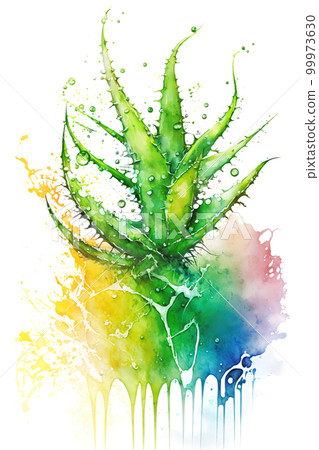 Aloe Vera plant in rainbow watercolor splash, aloe juice concept. Generative AI illustration 99973630