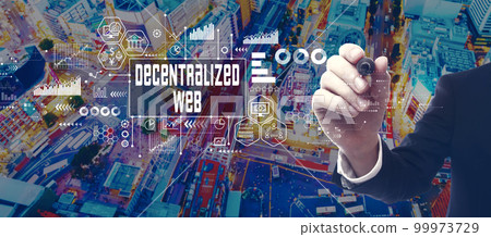 Decentralized Web theme with businessman in city at night 99973729